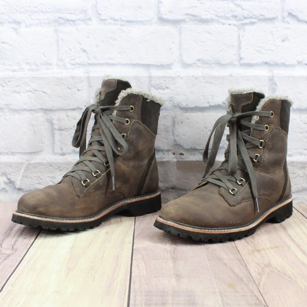 LL BEAN Brown Leather Fleece Lined Vibram Winter Ankle Boots Size 7 M - Picture 2 of 9